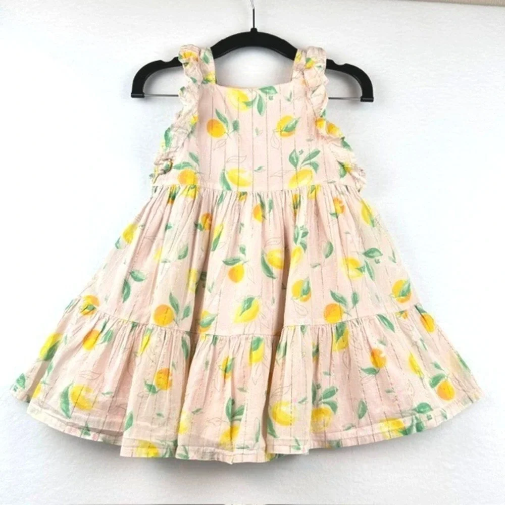 OshKosh B'gosh Girls Pink Lemon Print Tiered Metallic Stripe Dress 3T